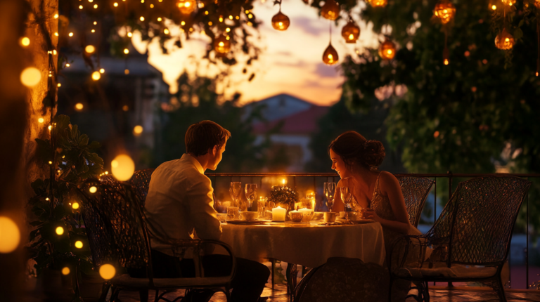 Ein Paar sitzt beim romantischen Dinner in der Abendsonne.